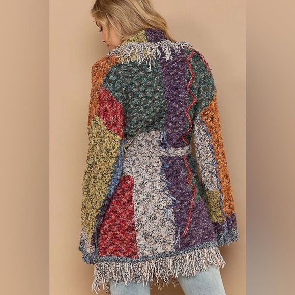 POL Women's Cream Tweed Wrap Cardigan Duster Bohemian Long Sleeve Fringe NWOT - Picture 7 of 9